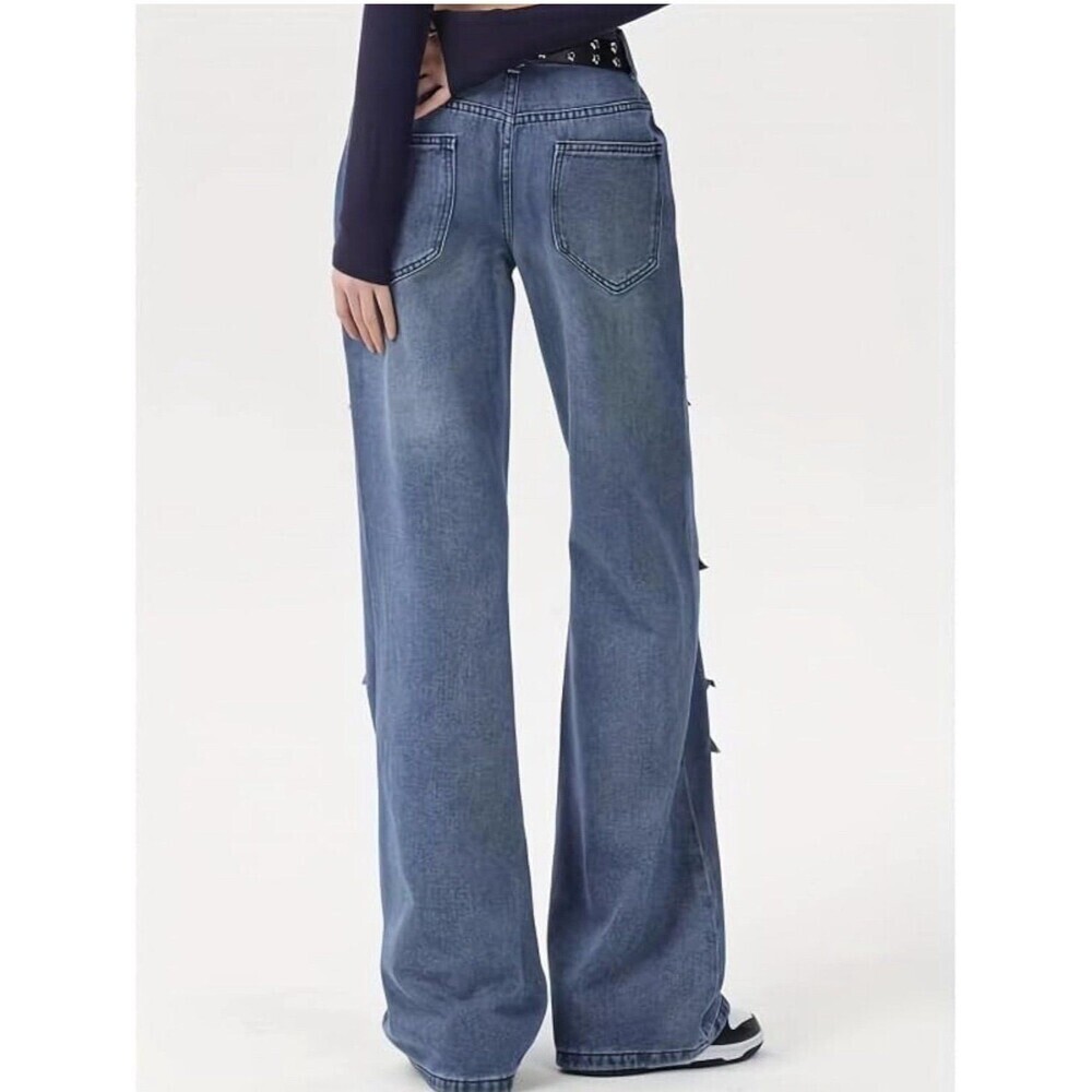 Women’s Denim Trendy High Waist Wide Leg Y2K Jeans Star Patch Pants Sz Small - Picture 2 of 7